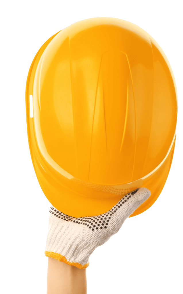 gloved hand holding up a yellow hard hat